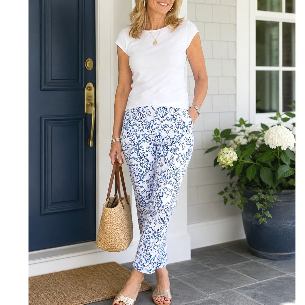 J.Jill Blue White Floral Botanical Stretch Cropped Pants Trousers Womens 2 Chic
